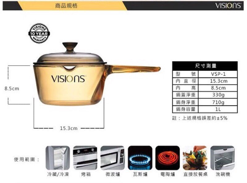 VS100090120-VISIONS 康寧 1L 單柄 晶彩透明鍋