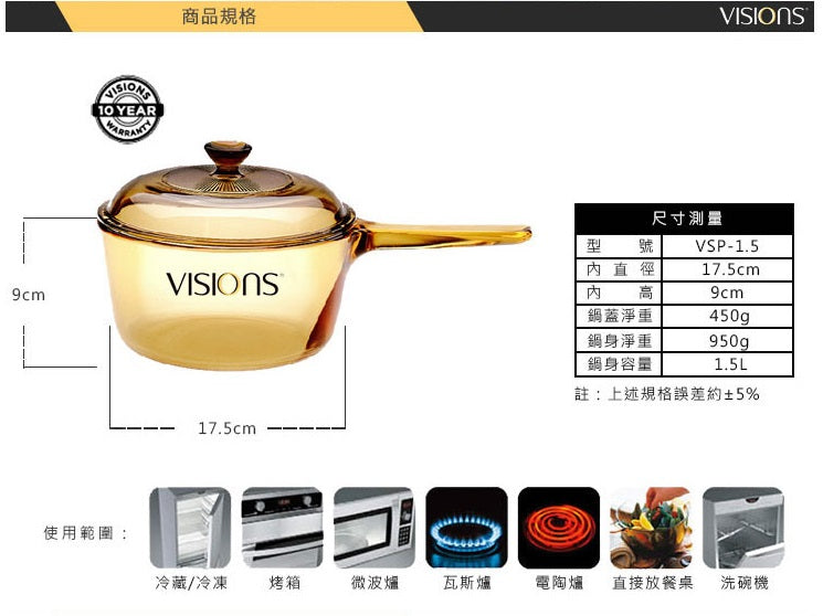 VS100090121-VISIONS Corning 1.5L Single Handle Crystal Clear Pan