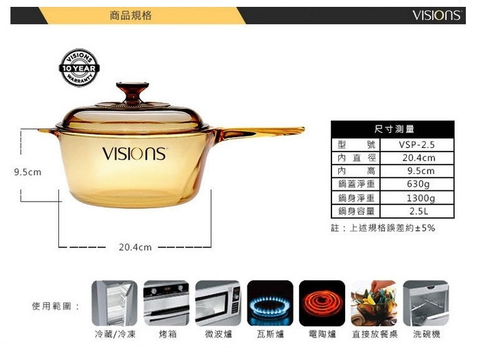 VS100090122-VISIONS 康寧 2.5L 單柄 晶彩透明鍋